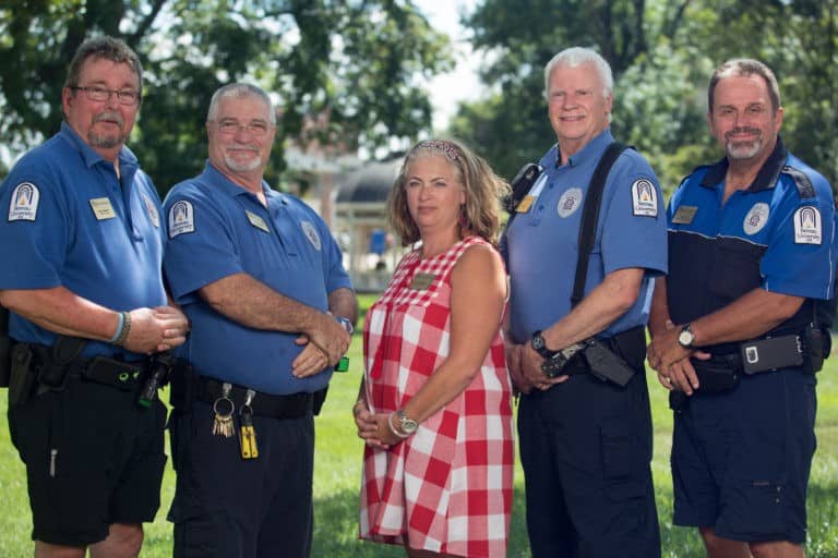 Brenau Safety and Security team Edwin Harwell, from left, Van Johnson, Paula Dampier, Jack Dodd, and Marty Lee