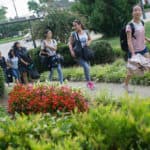 From right, Crystal Wang, Cathy Wu, Iris Shi, Lavender Qin, Lynn Lu, Daisy Qiu arrive on campus.
