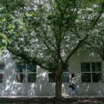Iris Shi walks in the shade of a cluster of trees near the High Museum of Art in Atlanta.
