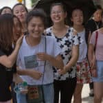 From left to right, Cherry Hong, Cathy Wu, Miao Miao Yu, Amy Yang, Crystal Wang and Skye Qi walks along Washington Street on Brenau's Historic Gainesville Campus.